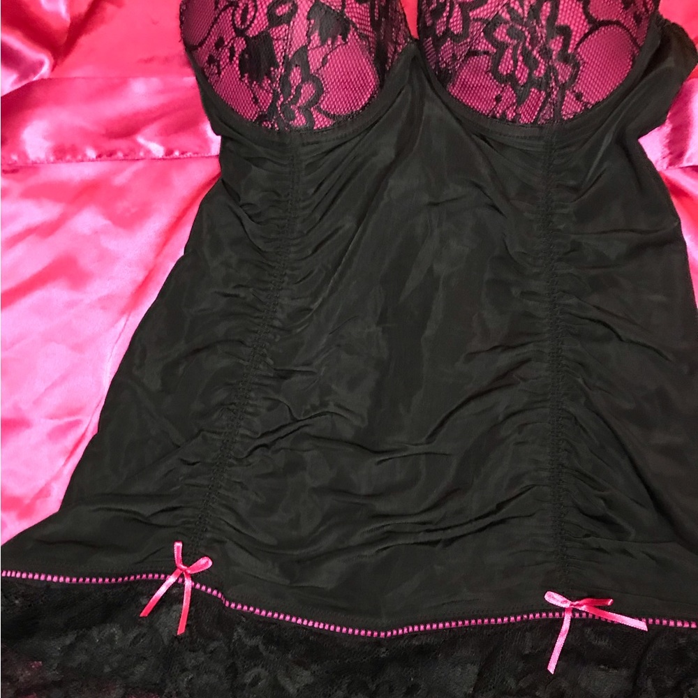 💗3/$15 Black pink lace lingerie push up chemise camisole bow detail sexy - Picture 7 of 11